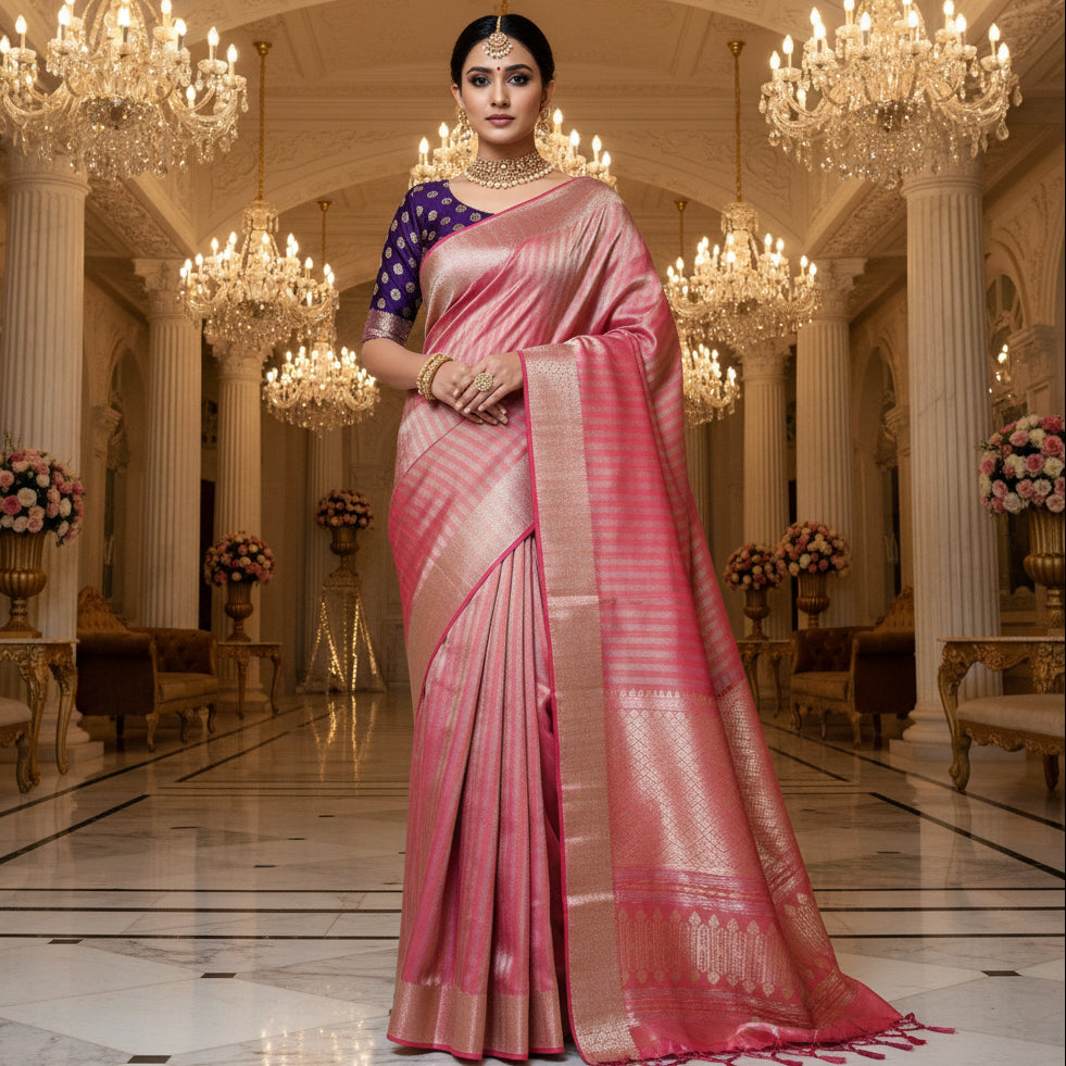 PINK viscose tissue border saree