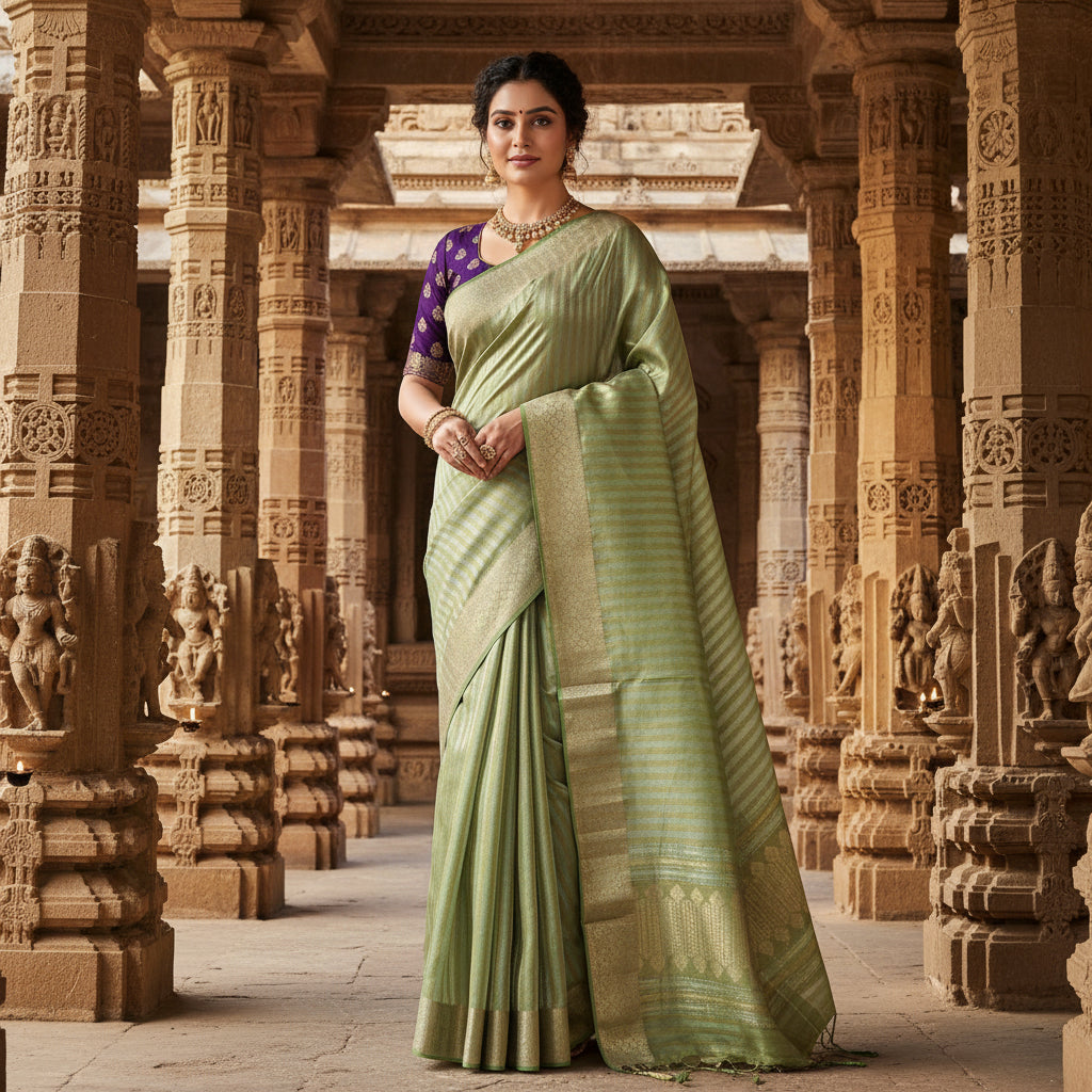 Pastel green viscose tissue border saree