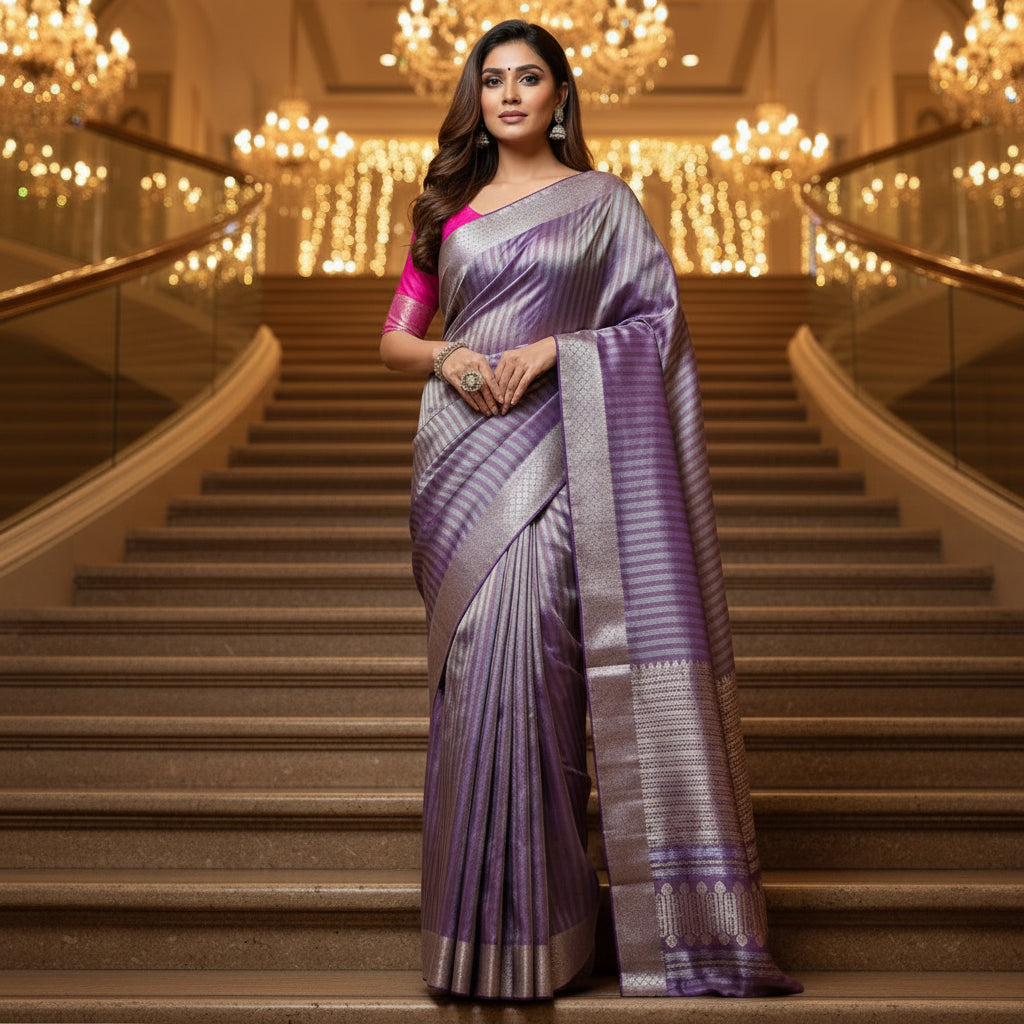 Dark Purple viscose tissue border saree