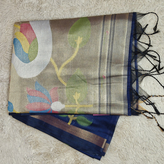 Dark blue chanderi jamdani with paithani pallu saree