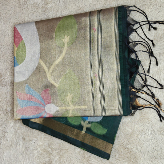 Green chanderi jamdeni with paithani pallu saree
