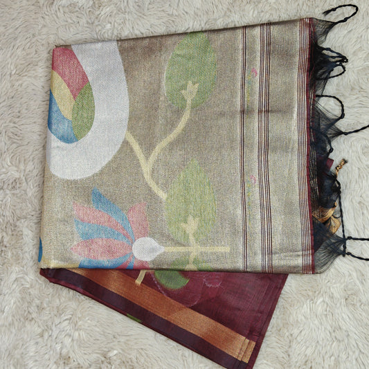 Maroon chanderi jamdani with paithani pallu saree