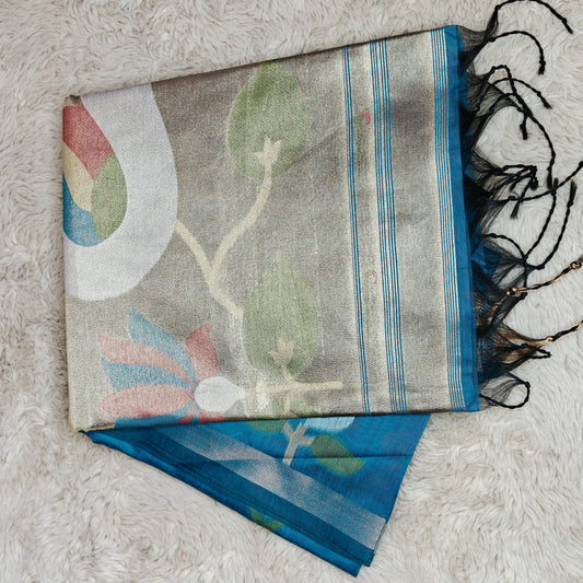 Blue chanderi jamdani with paithani pallu saree