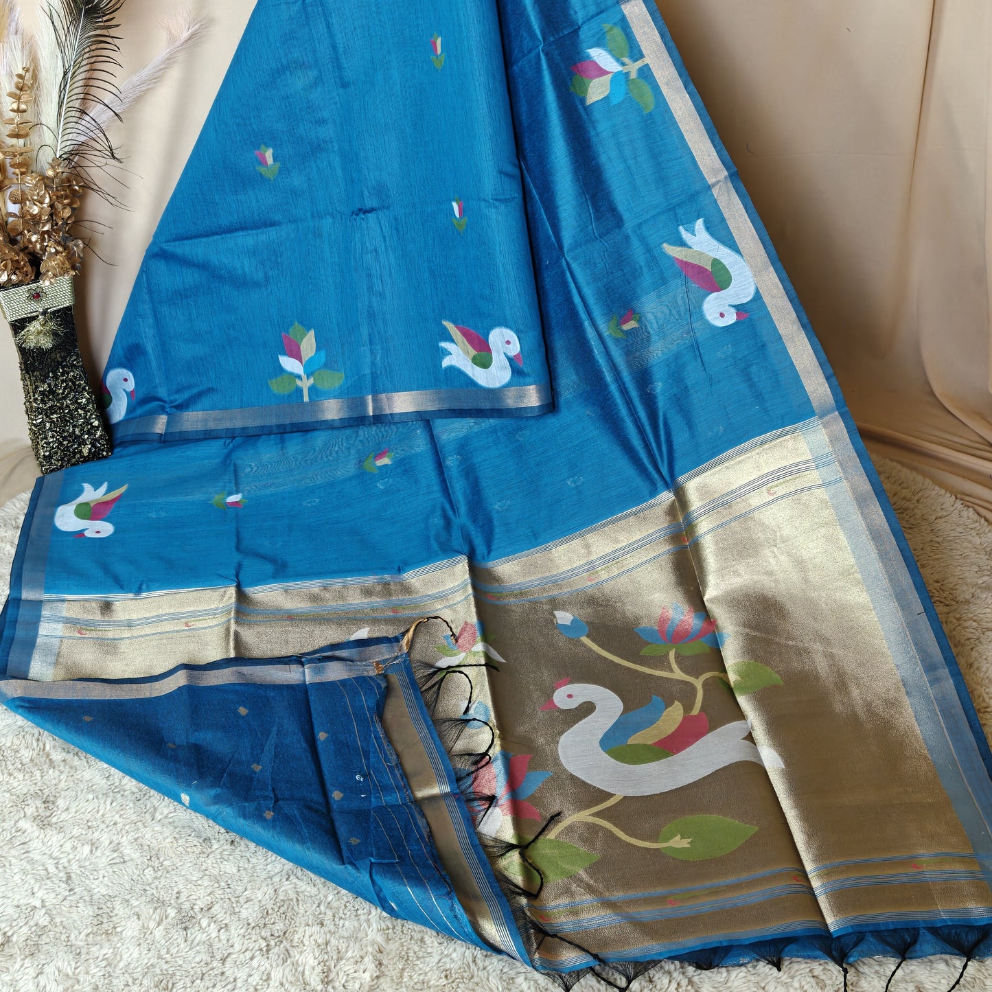 Blue chanderi jamdani with paithani pallu saree