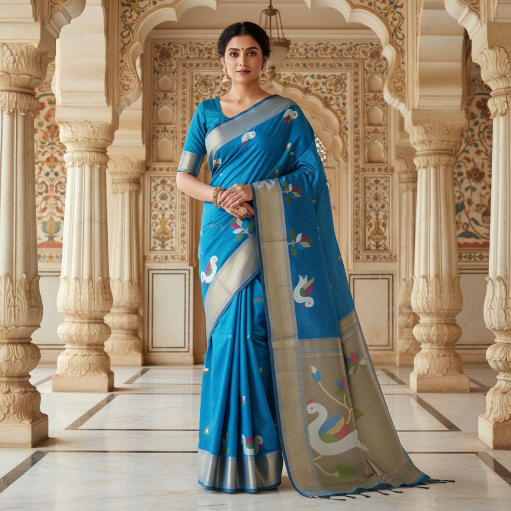 Blue chanderi jamdani with paithani pallu saree