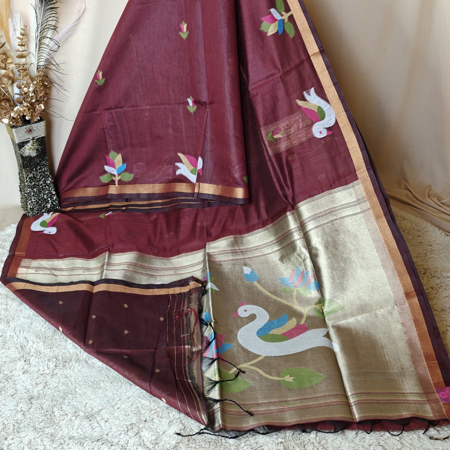 Maroon chanderi jamdani with paithani pallu saree