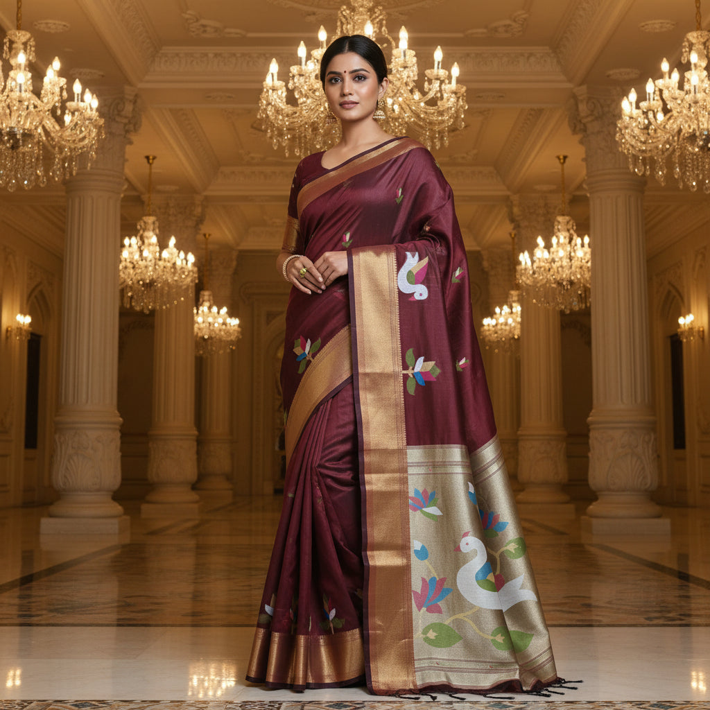 Maroon chanderi jamdani with paithani pallu saree