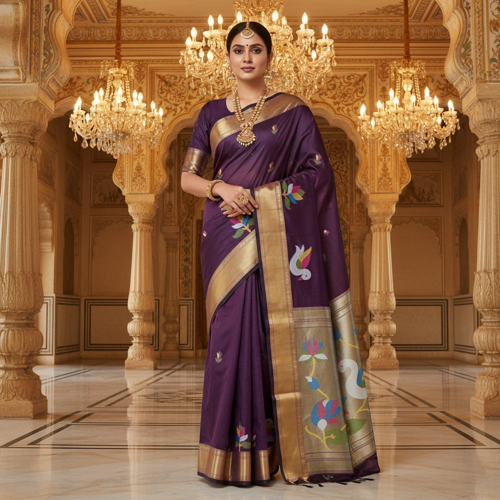Purple chanderi jamdani with paithani pallu saree