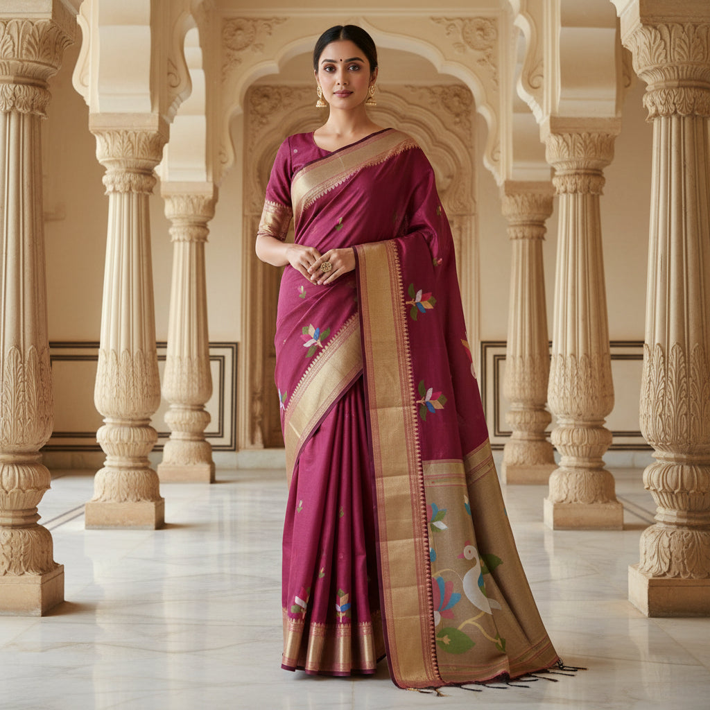 Pink chanderi jamdani with paithani pallu saree