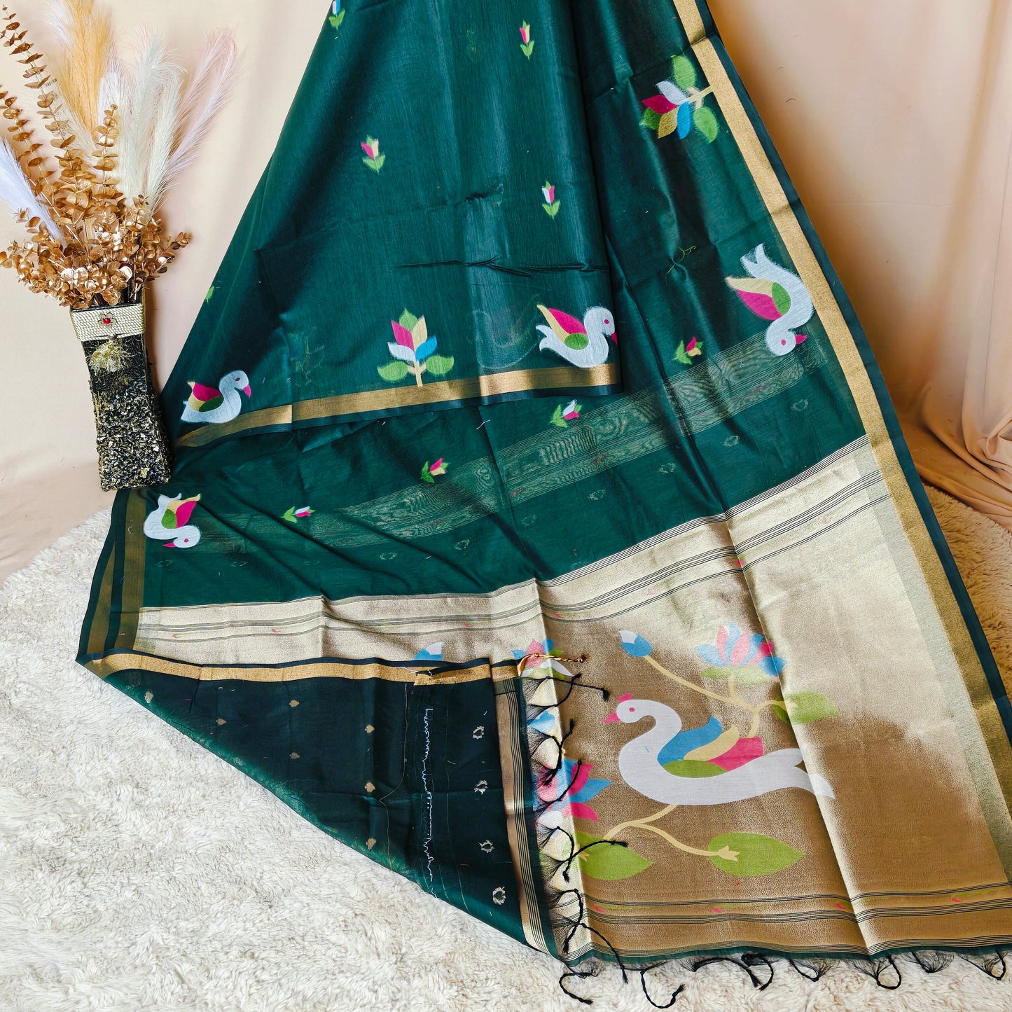 Green chanderi jamdeni with paithani pallu saree