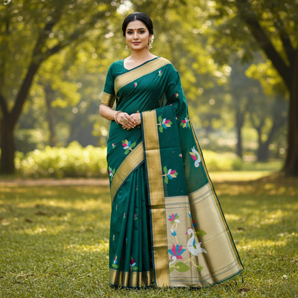 Green chanderi jamdeni with paithani pallu saree