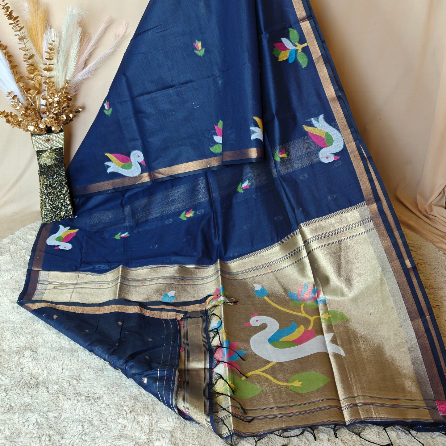 Dark blue chanderi jamdani with paithani pallu saree