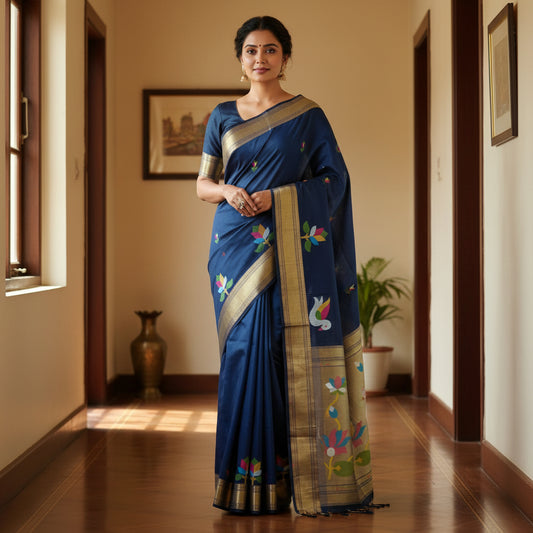 Dark blue chanderi jamdani with paithani pallu saree