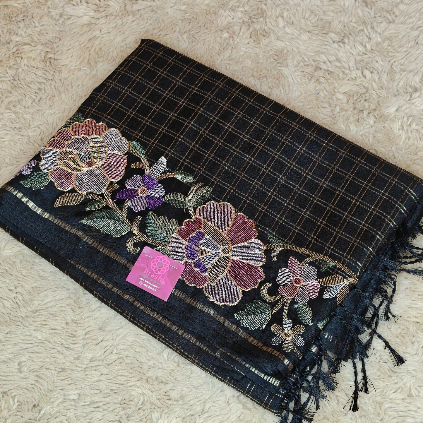 Black tussar checks embroidery saree