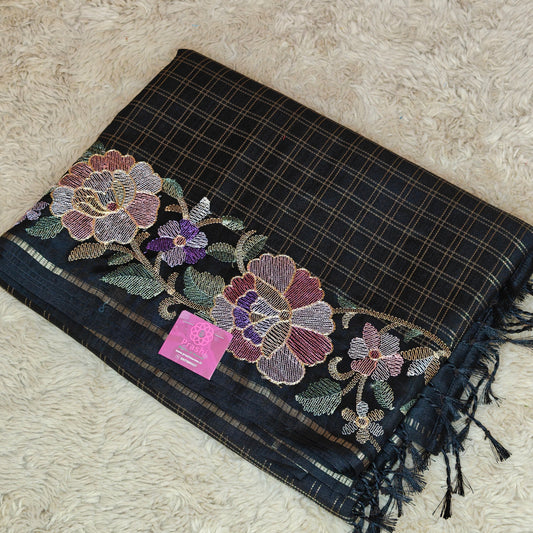 Black tussar checks embroidery saree