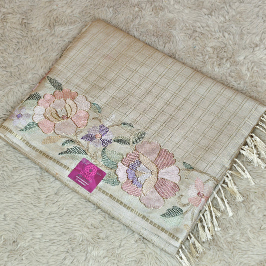 Half cream semi tussar checks embroidery saree