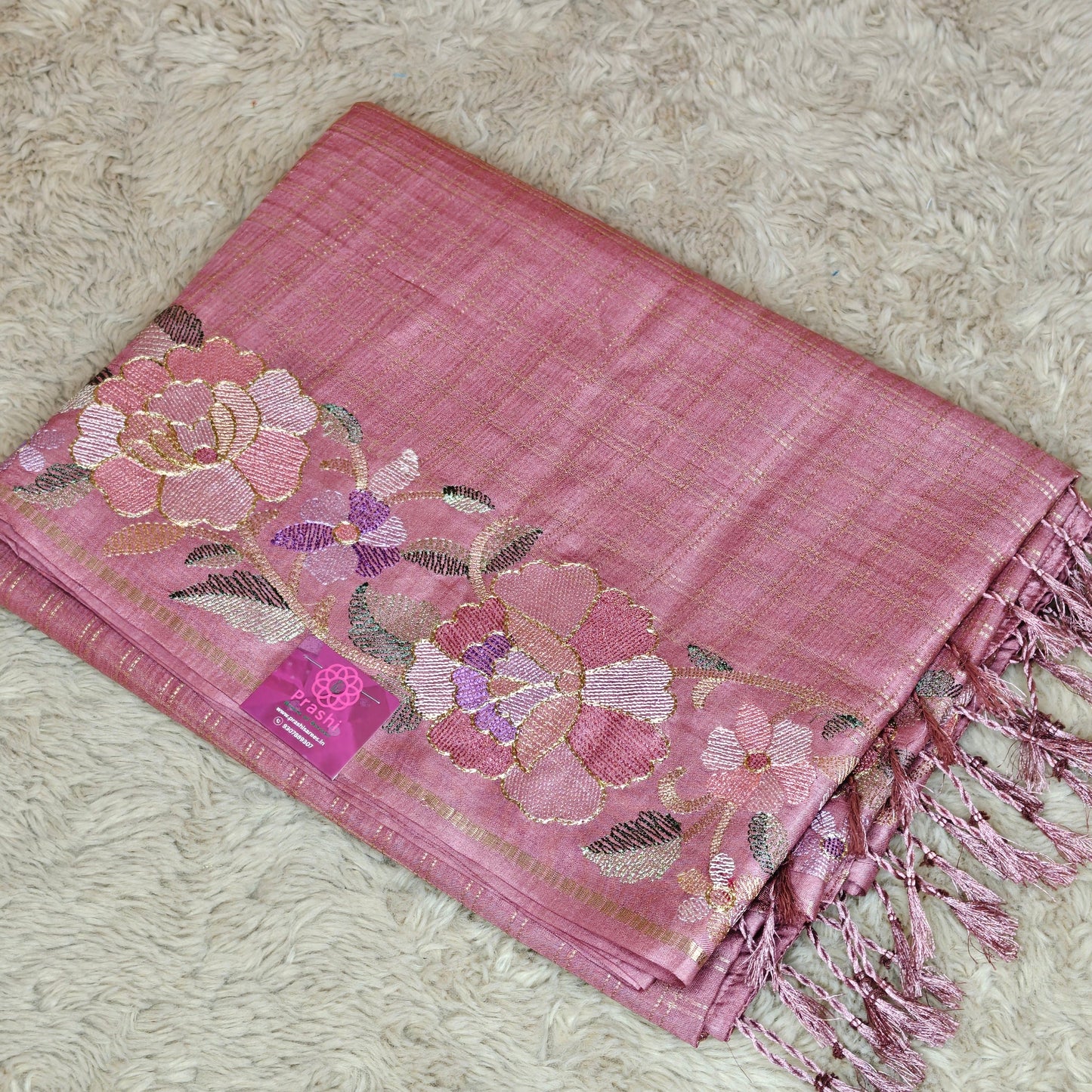 Onion pink semi tussar checks embroidery saree