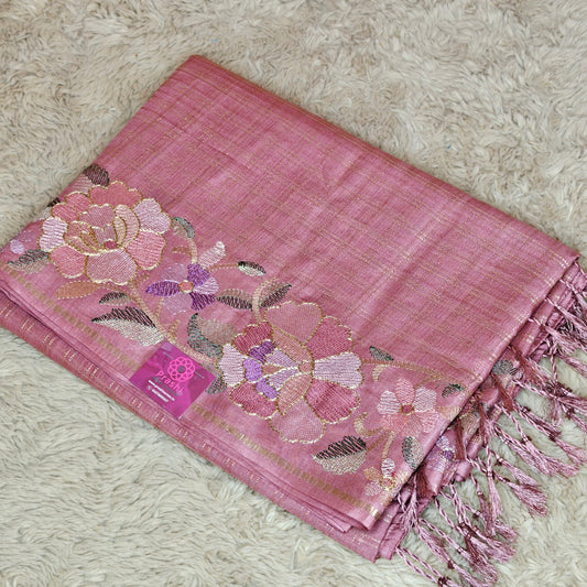 Onion pink semi tussar checks embroidery saree