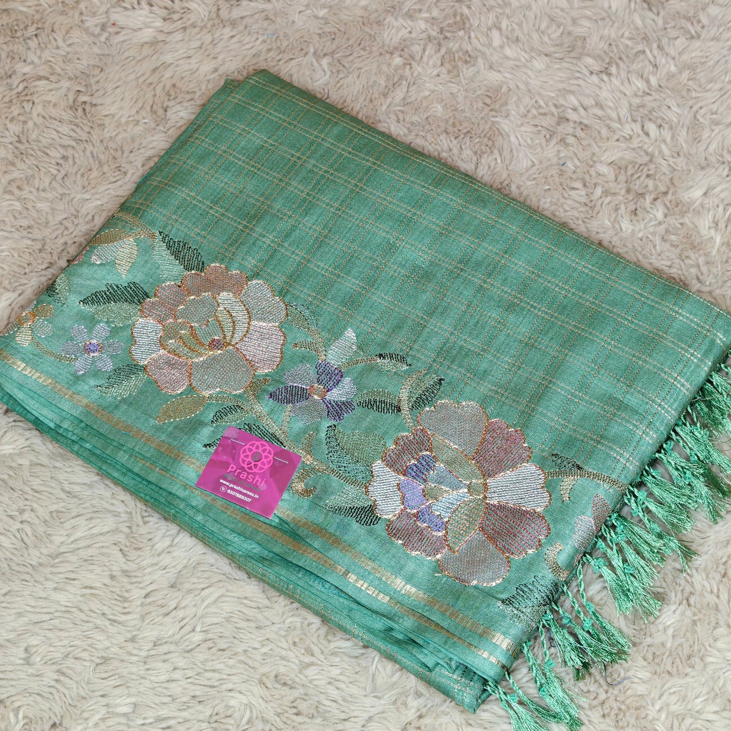 pastel green semi tussar checks embroidery saree