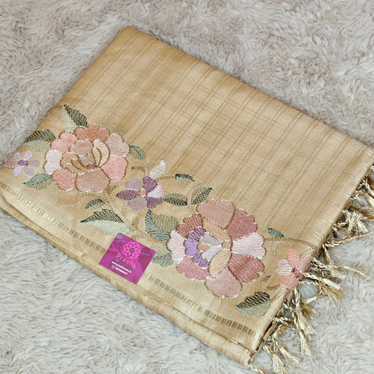 Cream semi tussar checks embroidery saree