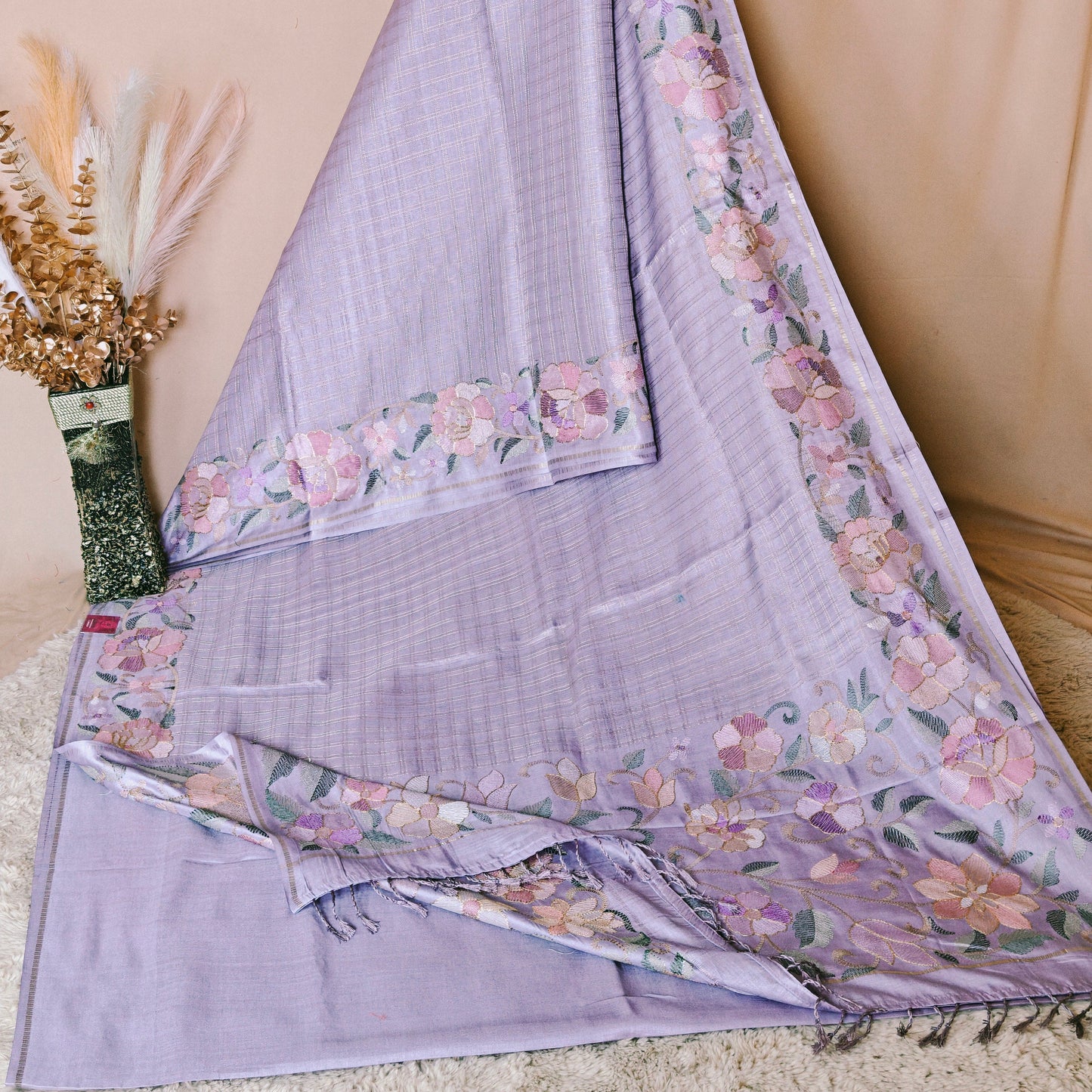 Lavender semi tussar checks embroidery saree