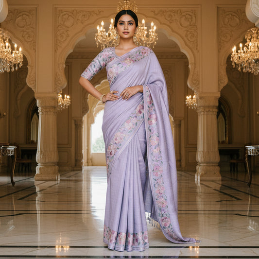 Lavender semi tussar checks embroidery saree