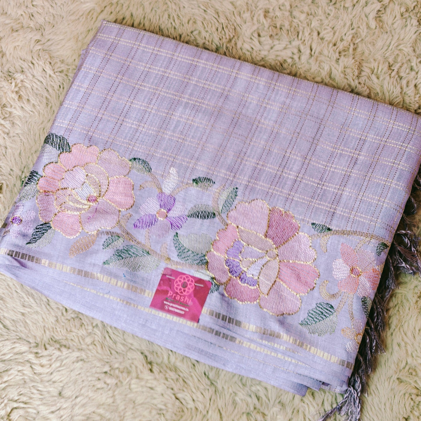 Lavender semi tussar checks embroidery saree