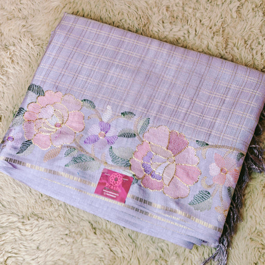 Lavender semi tussar checks embroidery saree