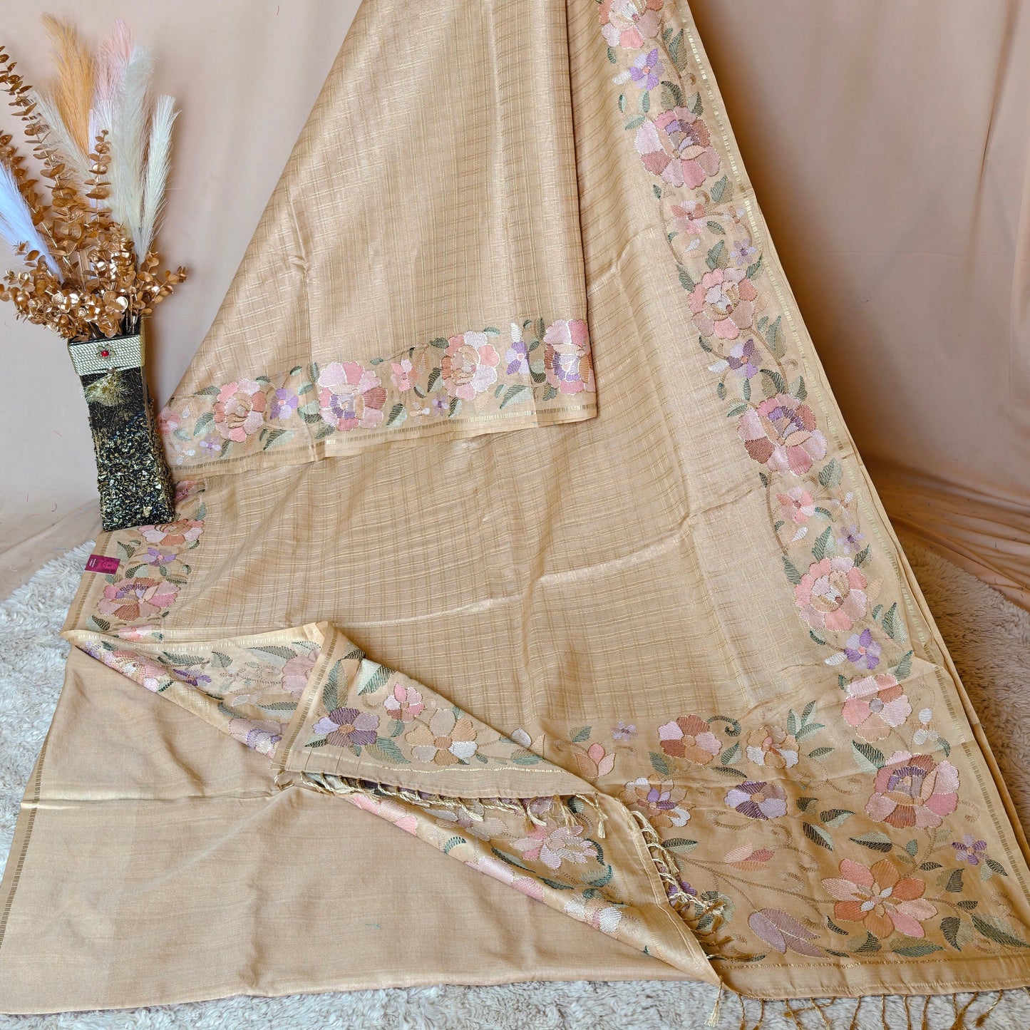 Cream semi tussar checks embroidery saree