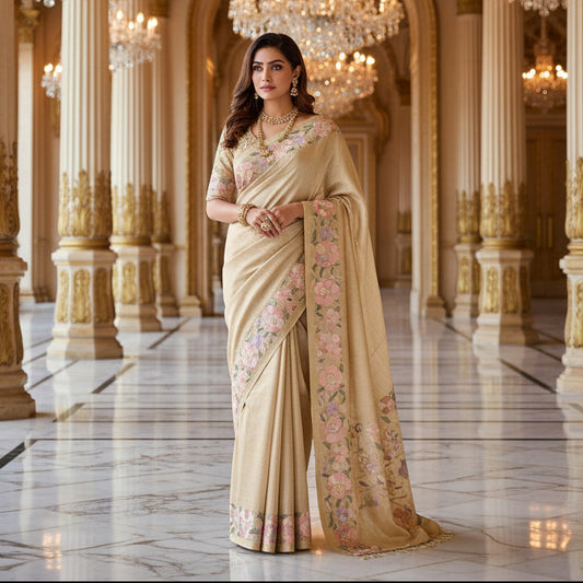 Cream semi tussar checks embroidery saree
