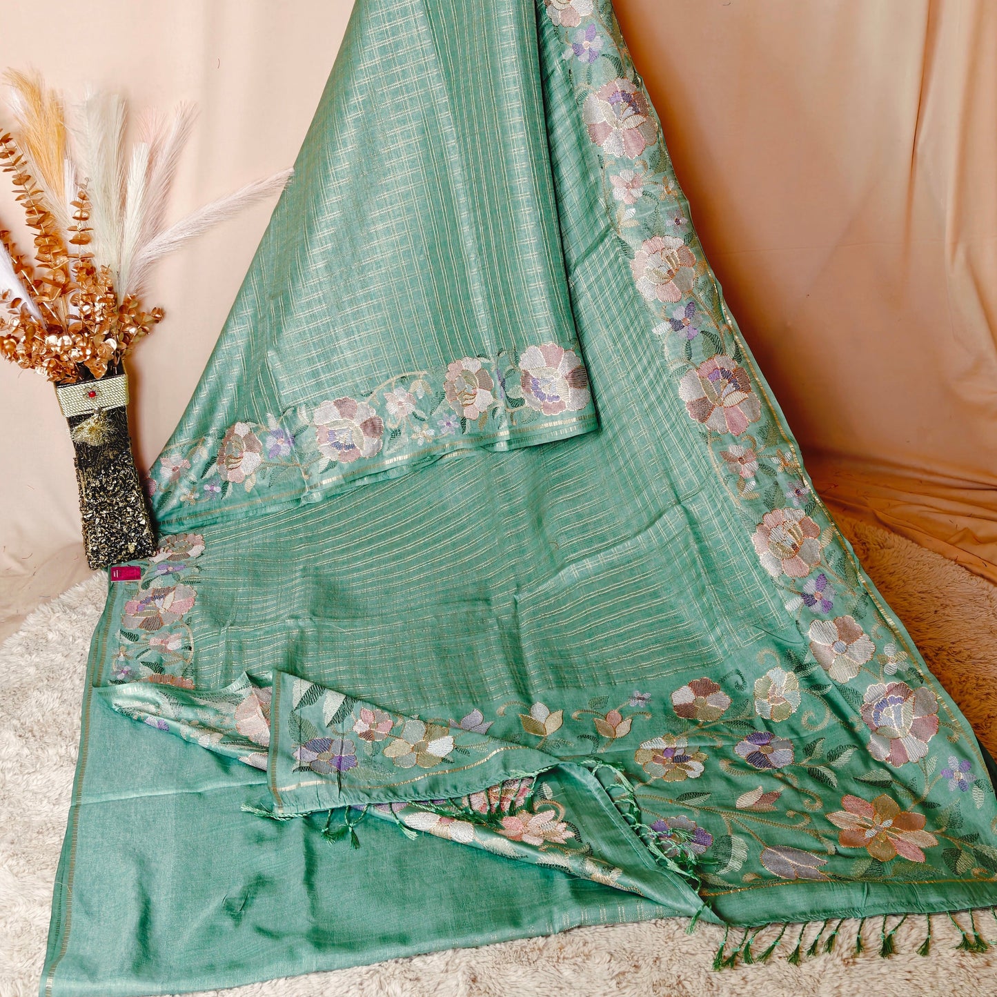 pastel green semi tussar checks embroidery saree