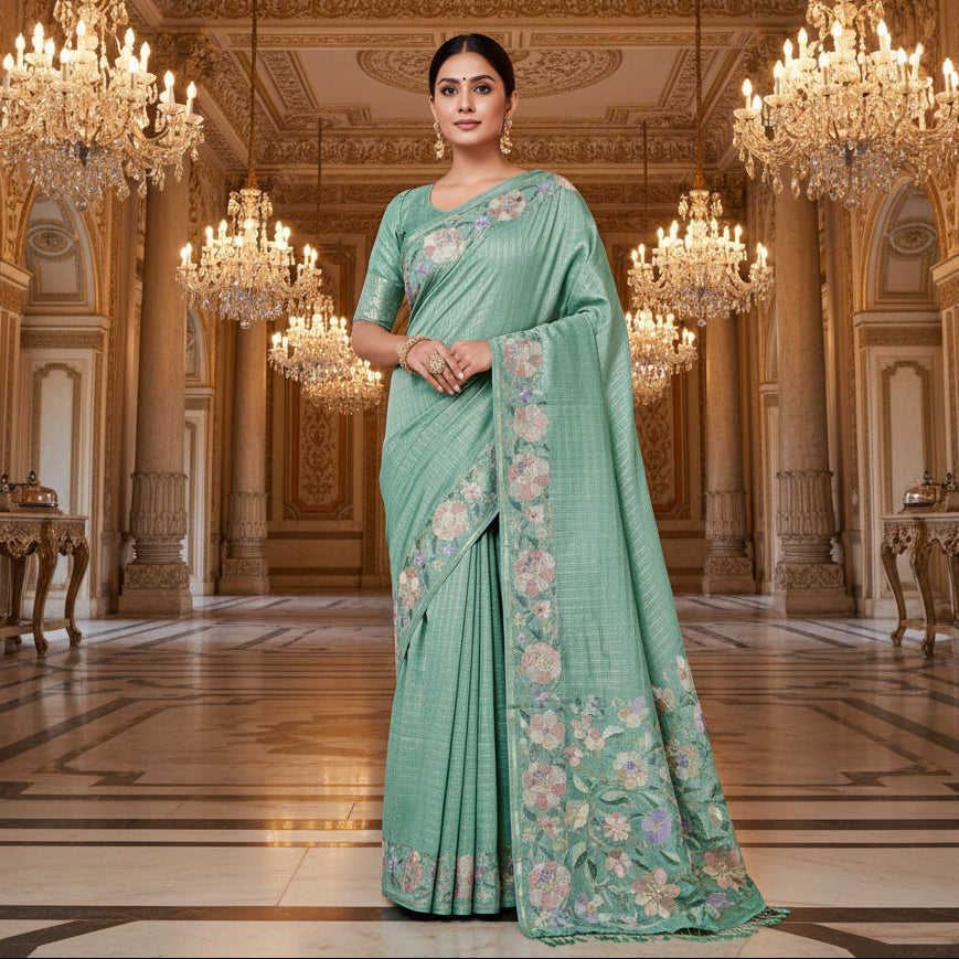 pastel green semi tussar checks embroidery saree