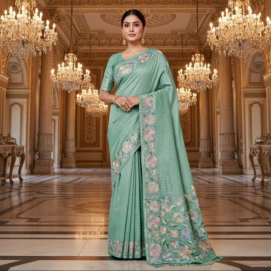 pastel green semi tussar checks embroidery saree