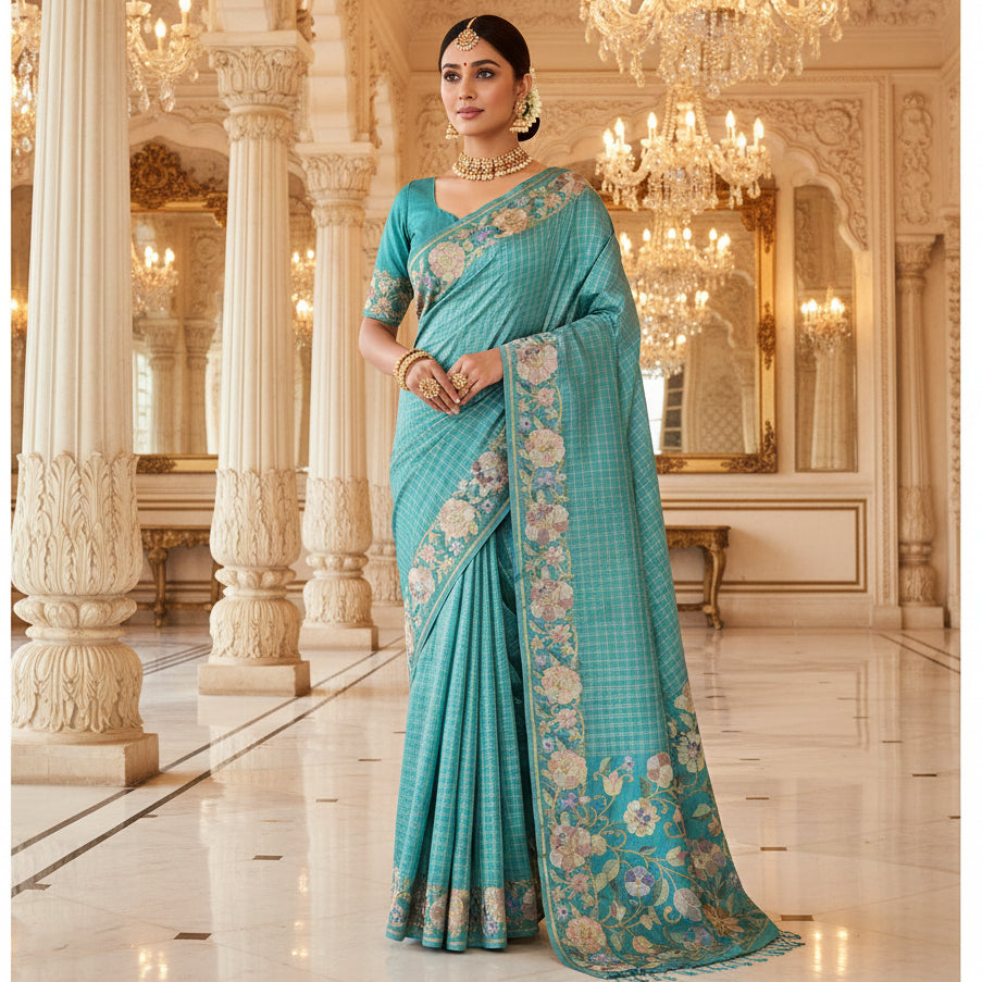 Blue semi tussar checks embroidery saree