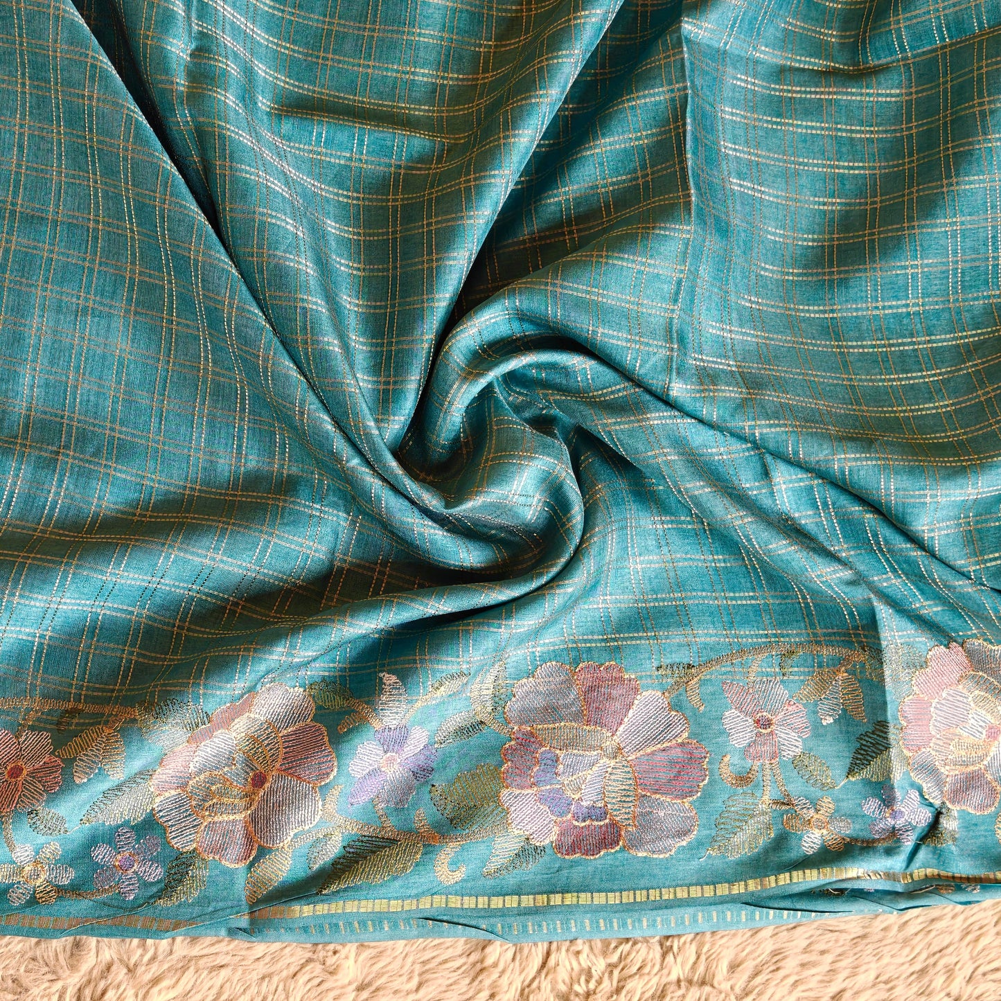 Blue semi tussar checks embroidery saree