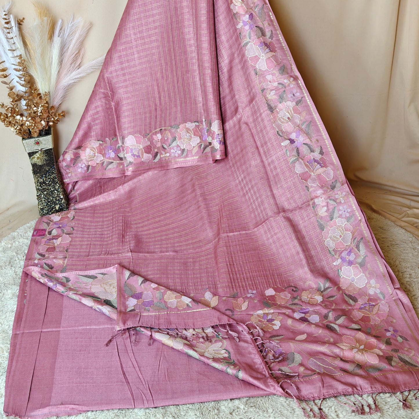 Onion pink semi tussar checks embroidery saree