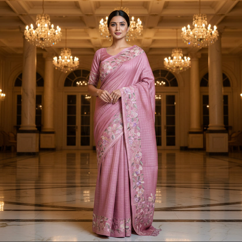 Onion pink semi tussar checks embroidery saree