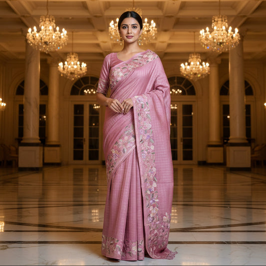 Onion pink semi tussar checks embroidery saree