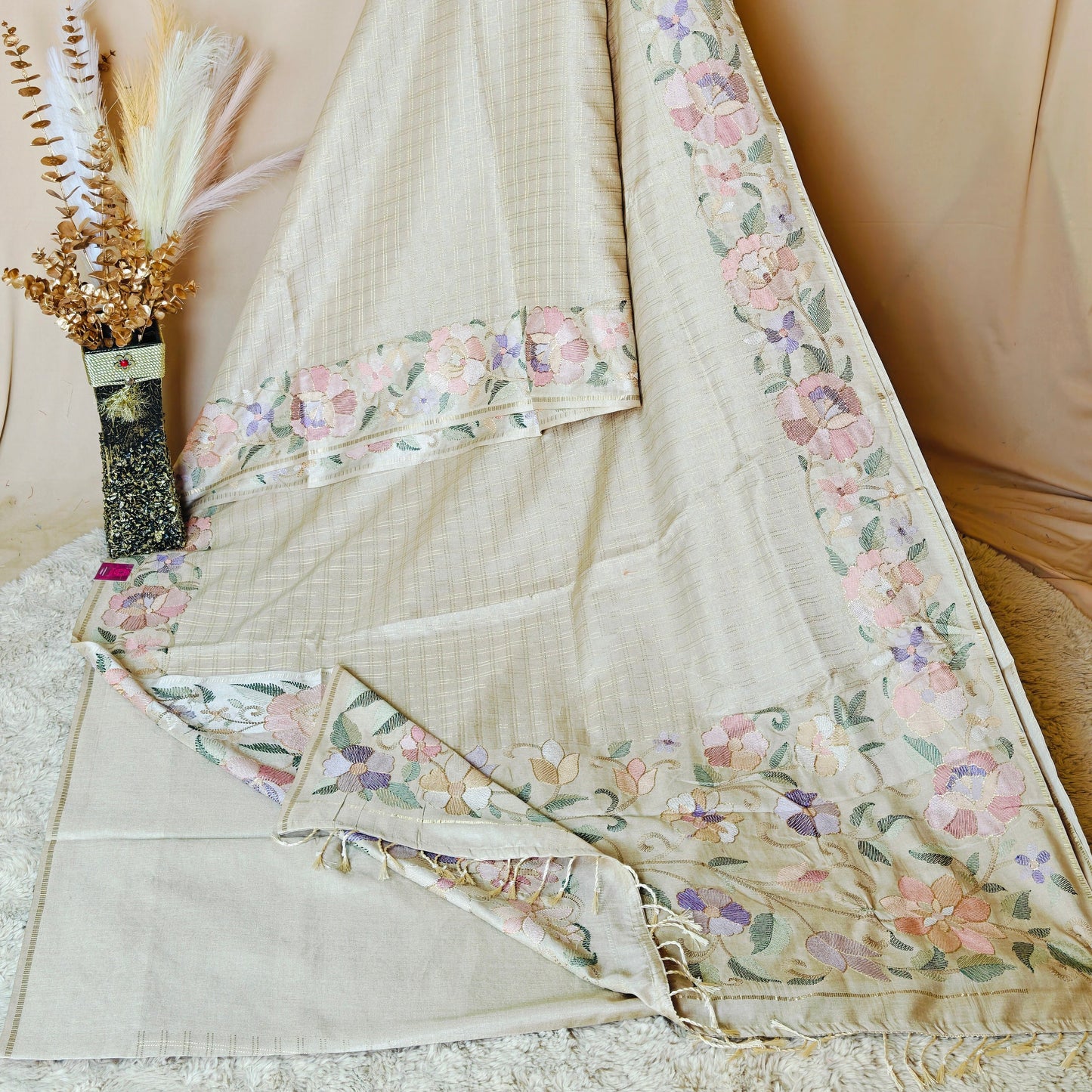 Half cream semi tussar checks embroidery saree