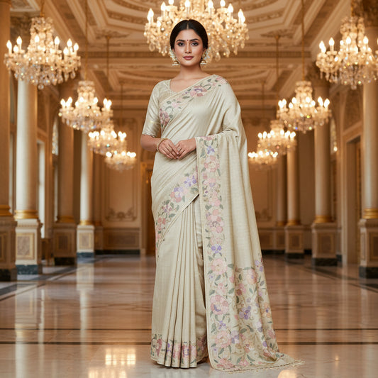 Half cream semi tussar checks embroidery saree