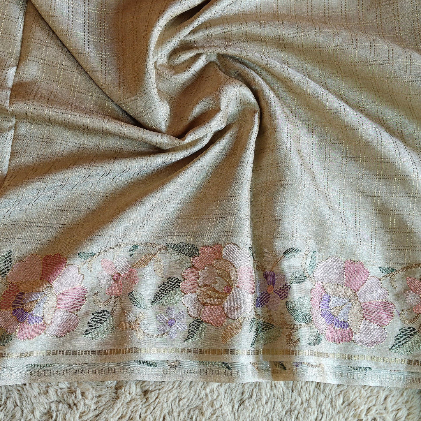 Half cream semi tussar checks embroidery saree