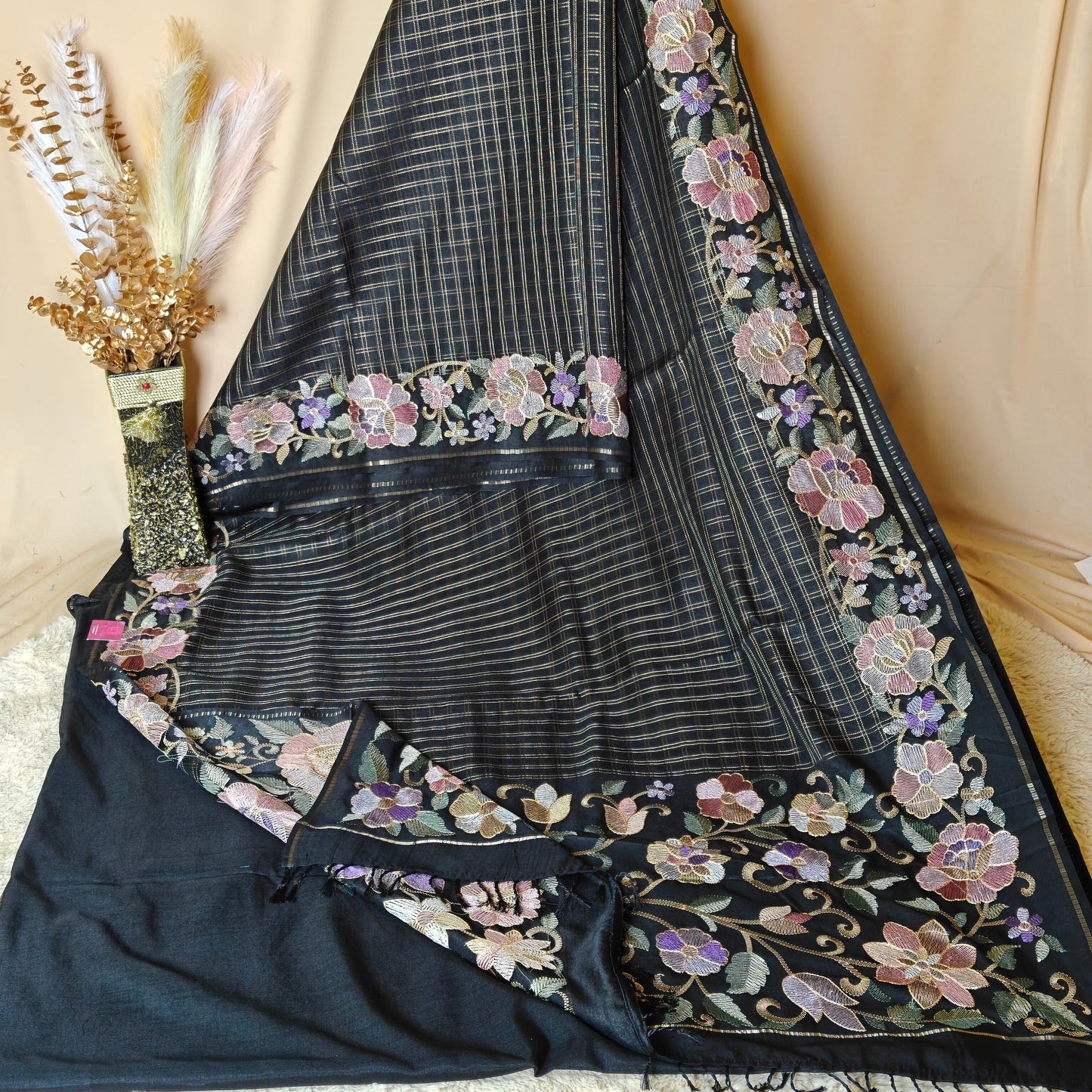 Black tussar checks embroidery saree