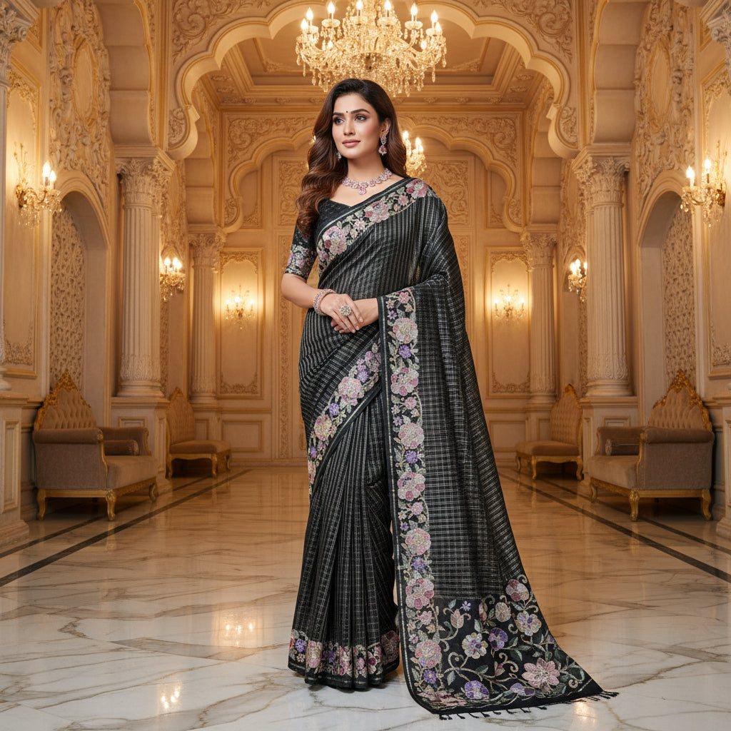 Black tussar checks embroidery saree