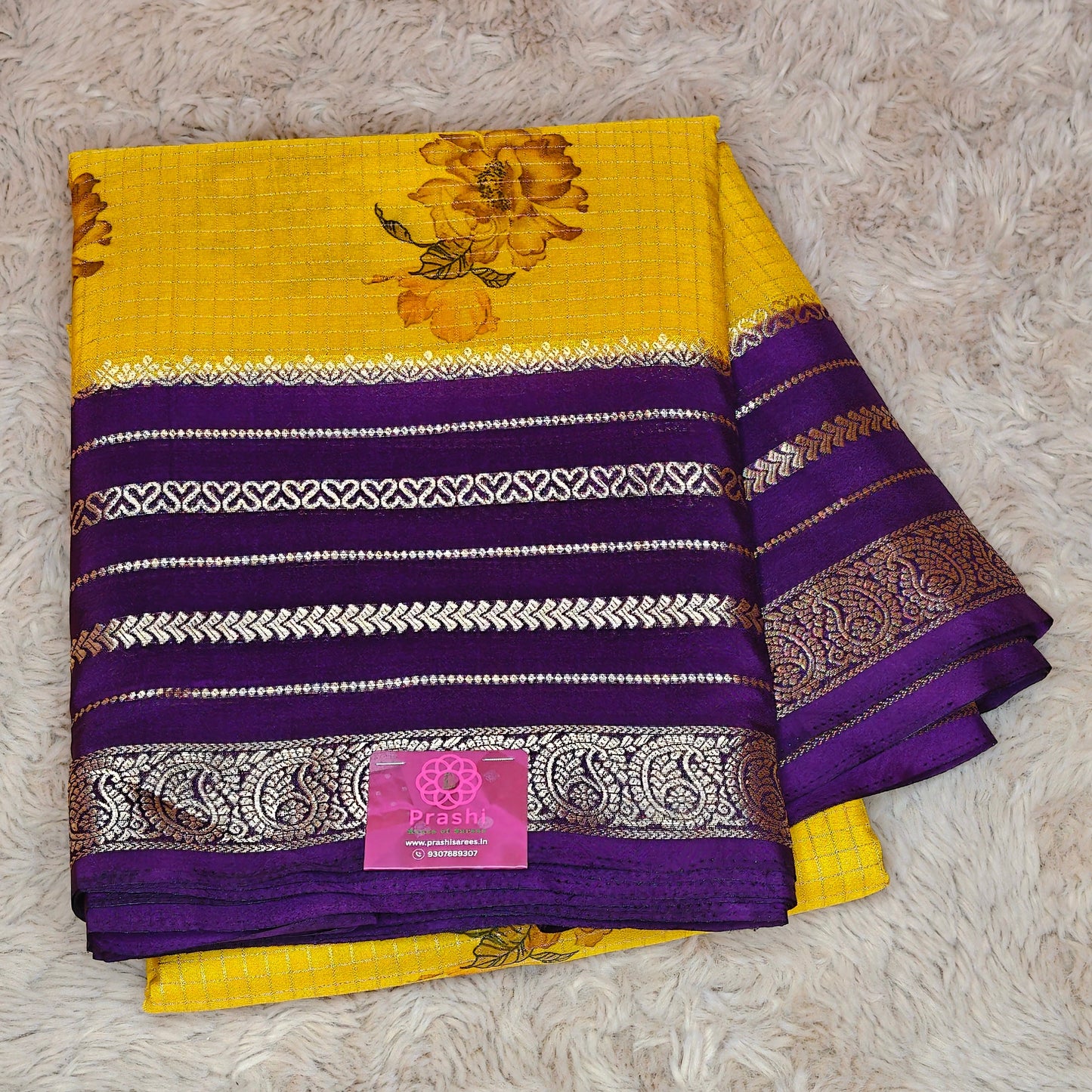 Yellow semi mysore crepe kalamkari print