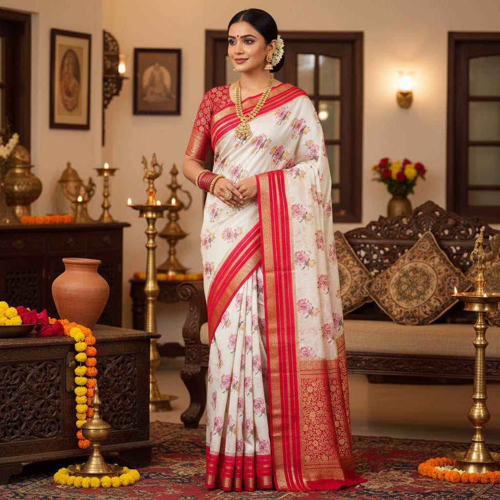 Half-white semi mysore crepe kalamkari print