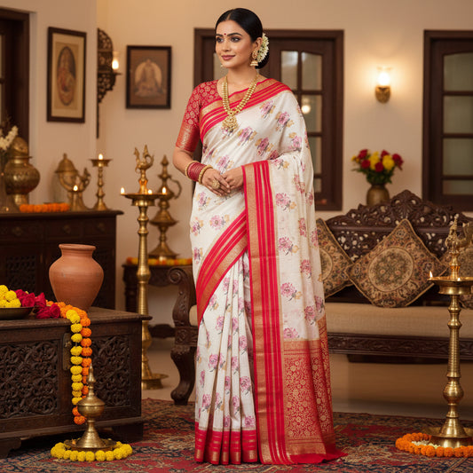 Half-white semi mysore crepe kalamkari print