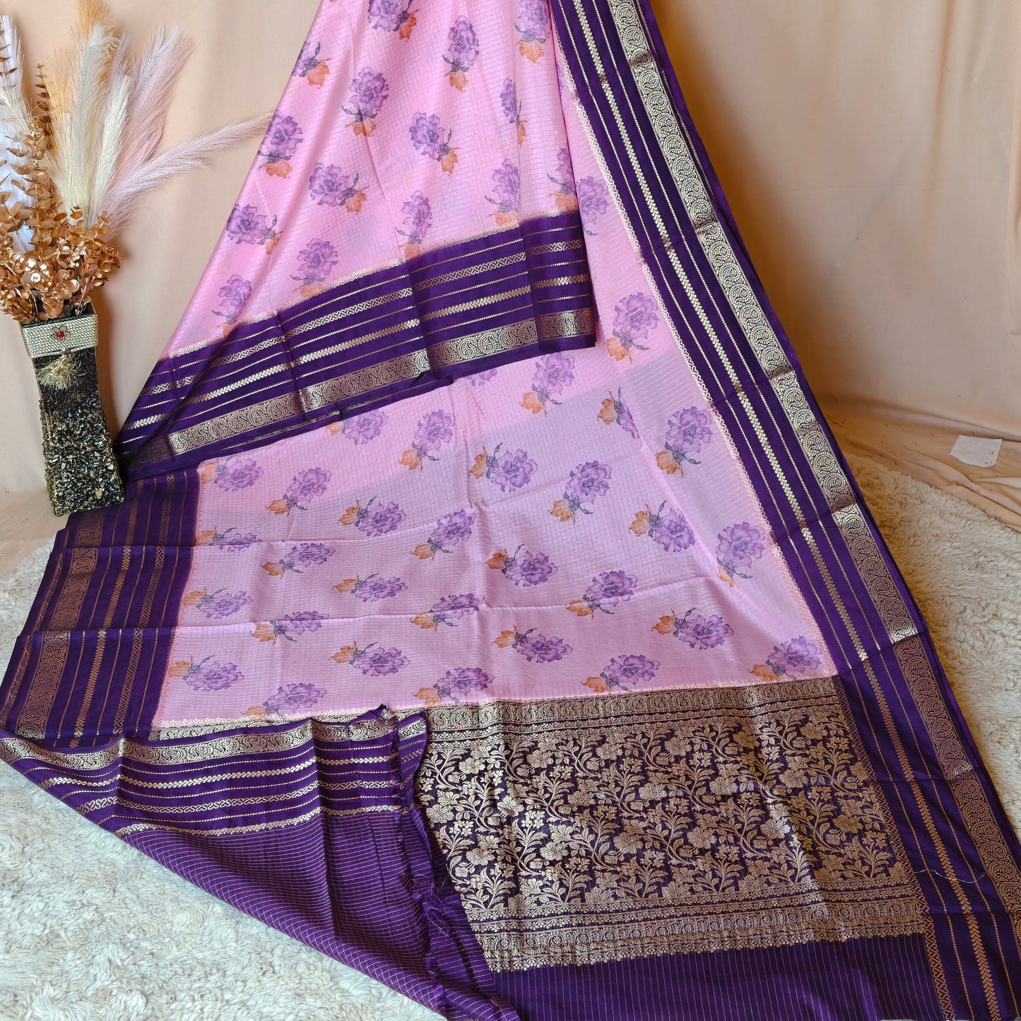 Baby pink semi mysore crepe kalamkari print