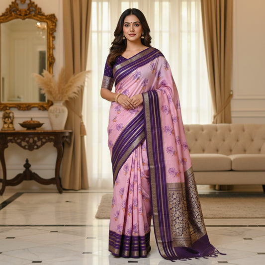 Baby pink semi mysore crepe kalamkari print