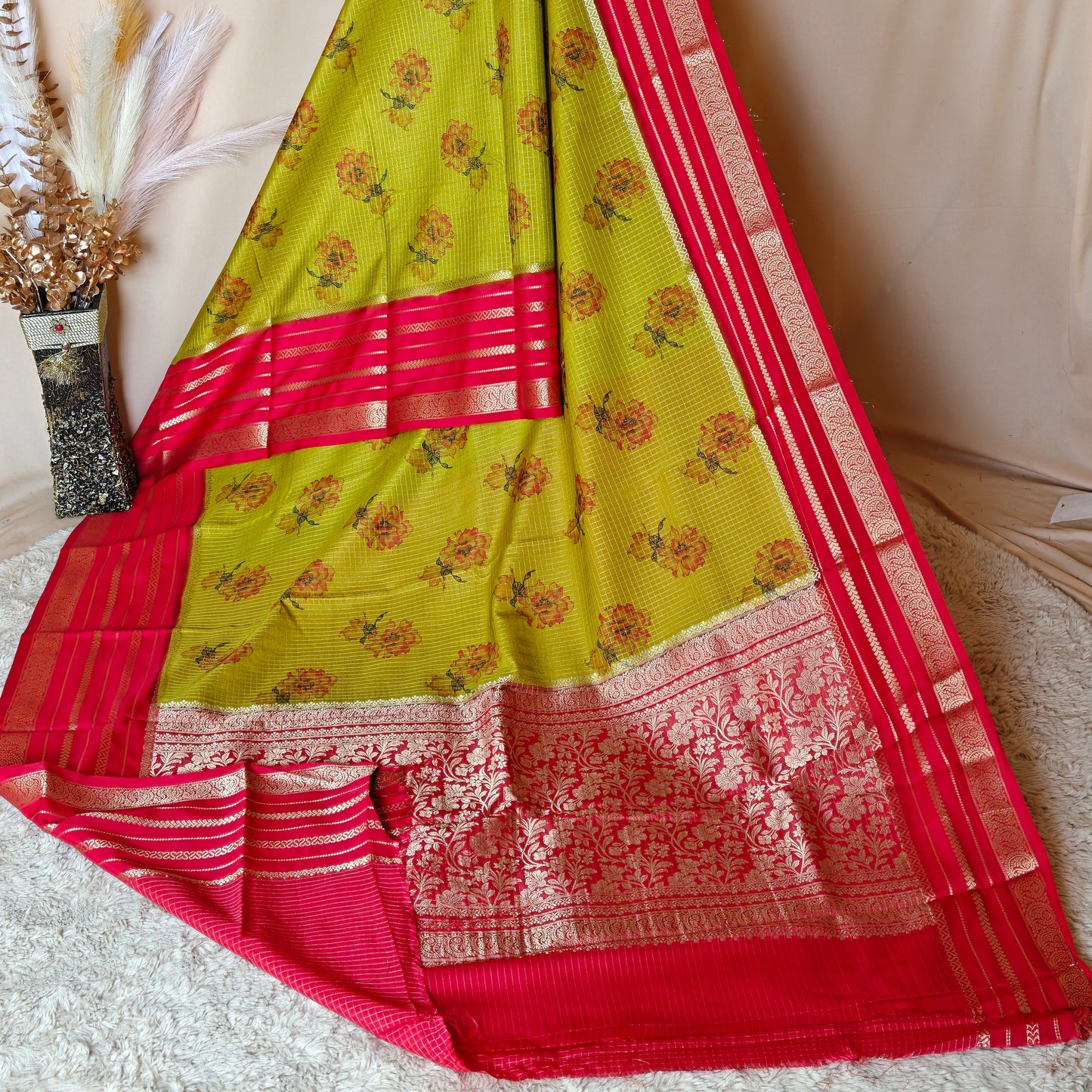 mente green semi mysore crepe kalamkari print