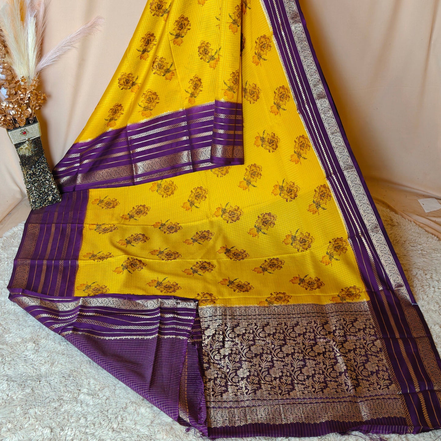 Yellow semi mysore crepe kalamkari print